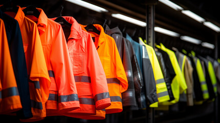 High-visibility safety vest, Selective blur on high visibility safety coats and jackets, personal protective equipments, for sale outside, fluorescent colors. These coats are made to be visible, Ai