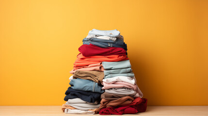 stack of clothes in a wardrobe, Stack colorful cotton clothes on table empty space background, Stack of clothes empty copy space , Ai generated image