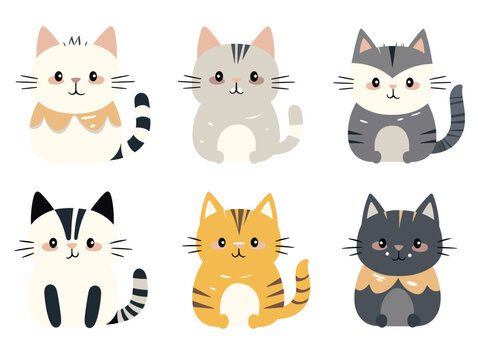 The image shows a collection of six cute cartoon cats in various poses as a vector illustration.