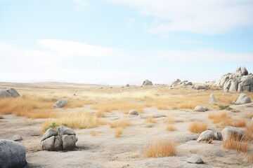 Fototapeta na wymiar bleak landscape with scattered rocks and sparse vegetation