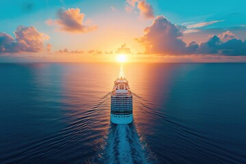 cruise ship in tropical paradise drone shot with sunset  - Powered by Adobe