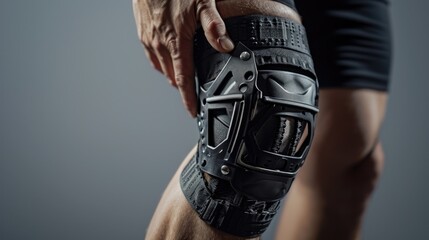 Close-up view of a person wearing a knee brace. Suitable for medical and rehabilitation concepts - obrazy, fototapety, plakaty