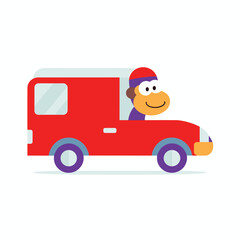 Fototapeta premium A cute monkey is driving a red bus in a simple cartoonish vector illustration.