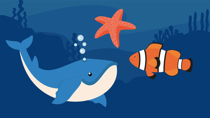 Cute cartoon shark and anemone in the ocean. Vector illustration