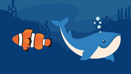 Cute cartoon whale and clown fish in the sea. Vector illustration.