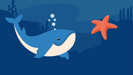 Cute cartoon whale and starfish in the ocean. Vector illustration