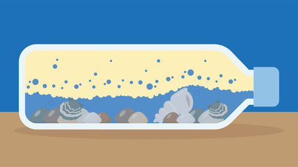 Message in a bottle with pebbles. Vector illustration in flat style