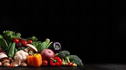 Fresh colorful fruits and vegetables with a vacant space in the backdrop of black, healthy, Generative AI.