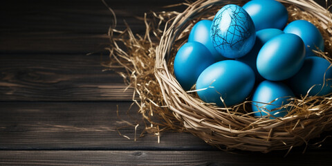 easter eggs in a basket,Marble-blue easter eggs in a wicker nest with feathers and flowers next to a blue napkin and a,Easter eggs in nest painted by hand in blue color on dark background