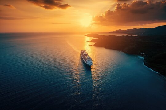 cruise ship in tropical paradise drone shot with sunset 