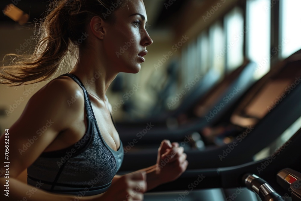 Poster woman running on a treadmill in a gym. suitable for fitness and exercise concepts