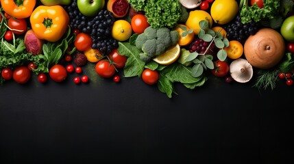 Fresh fruits, veggies, and mushrooms set against a dark backdrop, top view, copy space, Generative AI.