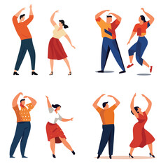 Three couples dancing joyfully, colorful clothing, modern flat design. Energetic dance moves, happy men and women illustration. Dynamic poses and fun party concept vector illustration.
