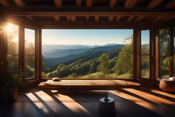  an enchanting 3D render showcasing a side window seat with a breathtaking nature view. Perfectly lit, this super realistic depiction captures the tranquility of the scene, highlighting every detail 