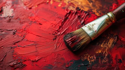 Close-up of a paintbrush on a vibrant red painted surface