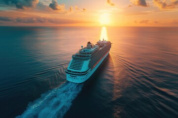 cruise ship in tropical paradise drone shot with sunset  - obrazy, fototapety, plakaty