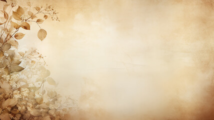 backdrop is a beige delicate background with a frame of floral ornament, warm parchment color and autumn tree branches