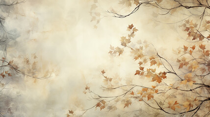 backdrop is a beige delicate background with a frame of floral ornament, warm parchment color and autumn tree branches - obrazy, fototapety, plakaty