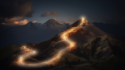 glowing path to the top of the mountain, business success strategy, development and growth concept - obrazy, fototapety, plakaty