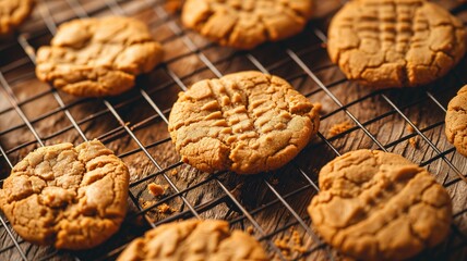Freshly baked peanut butter cookies on a wire rack
