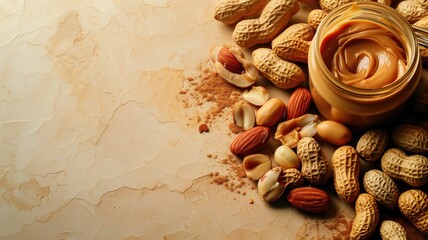 Jar of peanut butter and various nuts on a textured surface - obrazy, fototapety, plakaty
