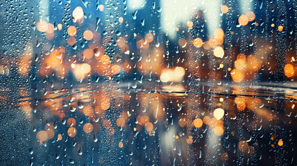raindrops on a wet window pane a view of a blurred panorama of the city in night lights glare and bokeh