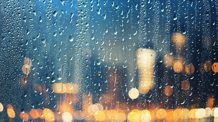 raindrops on a wet window pane a view of a blurred panorama of the city in night lights glare and bokeh