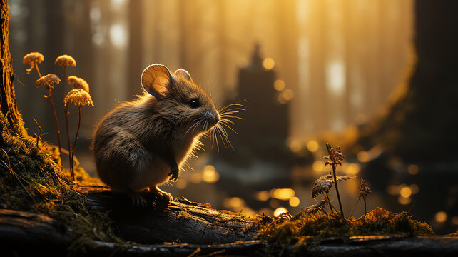 a small gray mouse in the wild against the background of the forest
