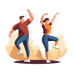 Young man and woman celebrating or dancing with joy. Happy couple with arms raised having fun. Energetic dance and lively party vector illustration.