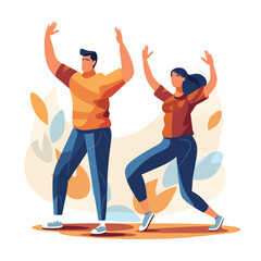 Young man and woman dancing joyfully together, happy couple with casual wear performing a dance. Energetic dance moves, joyful youth vector illustration