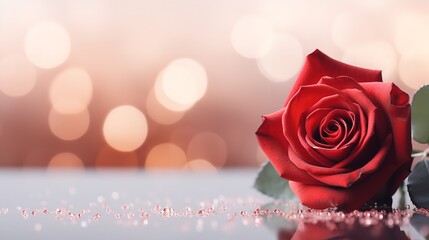 Glittery bokeh of a red rose with a big copy space for Valentine's Day, Generative AI.