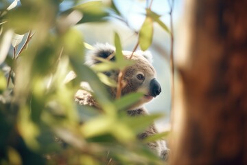 Obraz premium eucalyptus tree with koala peering from behind