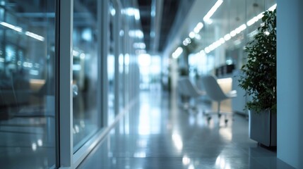 Image of a wide hallway, modern design corridor, emphasizing white tones, clean and elegant, increasing visual appeal. Image with blurred background, suitable for a variety of contexts.