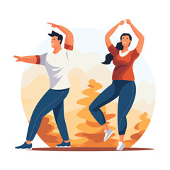 Man and woman exercising in autumn park, engaging in fitness routine with energetic movements. Joyful workout and health lifestyle vector illustration.