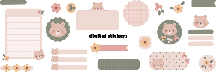 Blank digital stickers with cute teddy bear. Digital note papers and stickers for bullet journaling or planning. Digital planner stickers. Vector art.