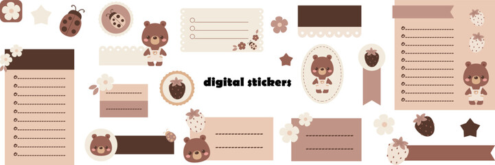 Blank digital stickers with cute teddy bear. Digital note papers and stickers for bullet journaling or planning. Digital planner stickers. Vector art. - 705633699