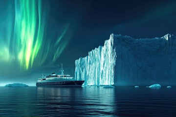 expedition cruise ship north pole cold ice berg northern lights in sky