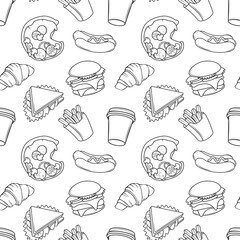 seamless pattern with hand drawn fast food  , coffee cup and croissant. bakery shop.