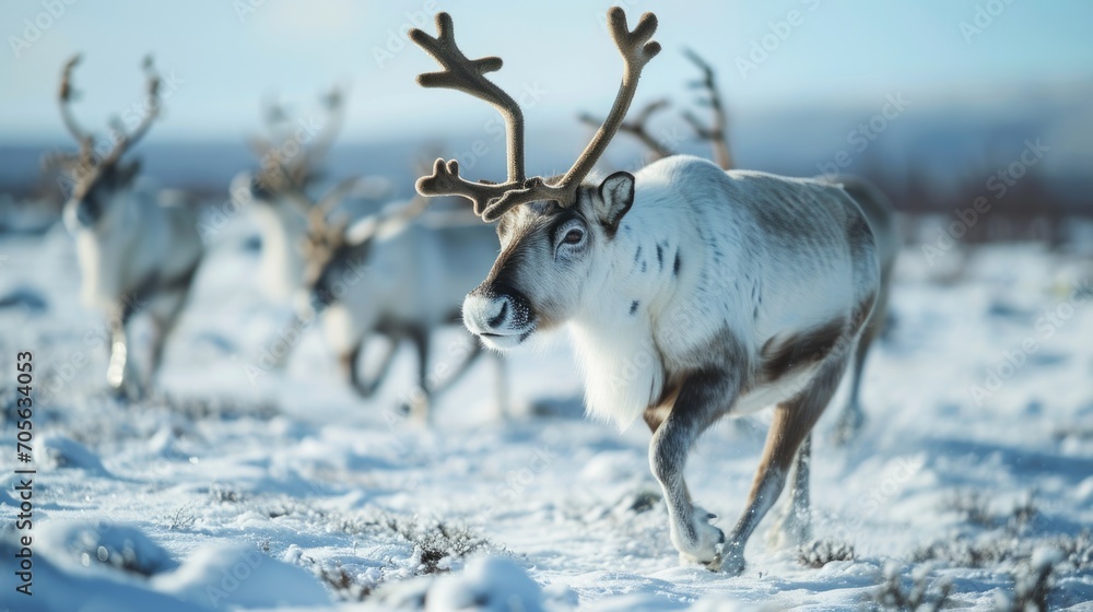 Aufkleber a group of reindeer walking across a snow-covered field. suitable for winter-themed projects and wil
