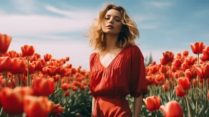 Deurstickers woman in tulip field © Karen