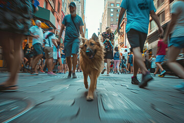 A dog is walking on the street in a big city. Low point of view.