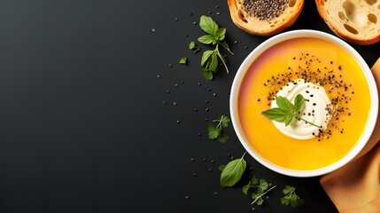 Healthy soup made with roasted butternut squash presented against a yellow backdrop, Generative AI.
