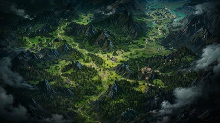 Obraz na płótnie Canvas AI generated illustration of a map of a lush green terrain surrounded by rocky mountains