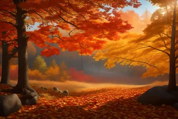 Foto op Plexiglas Craft a picturesque autumn scene where vibrant leaves in hues of red, orange, and gold gracefully fall from the trees.   © Fatima
