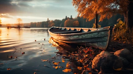 Tafelkleed Lakeside jetty with an antique wooden boat at the first light, Generative AI. © Electric Wolf