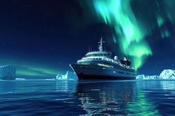 expedition cruise ship north pole cold ice berg northern lights in sky - obrazy, fototapety, plakaty
