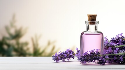 Obraz na płótnie Canvas Lavender oil on a white backdrop featuring lavender, copy space, fresh, skincare, Generative AI.