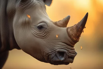 Tuinposter rhino with oxpeckers in golden hour light © studioworkstock