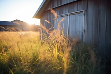 tall grass casting shadows on an old shed - obrazy, fototapety, plakaty