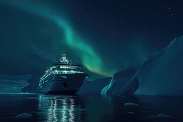 expedition cruise ship north pole cold ice berg northern lights in sky  - obrazy, fototapety, plakaty